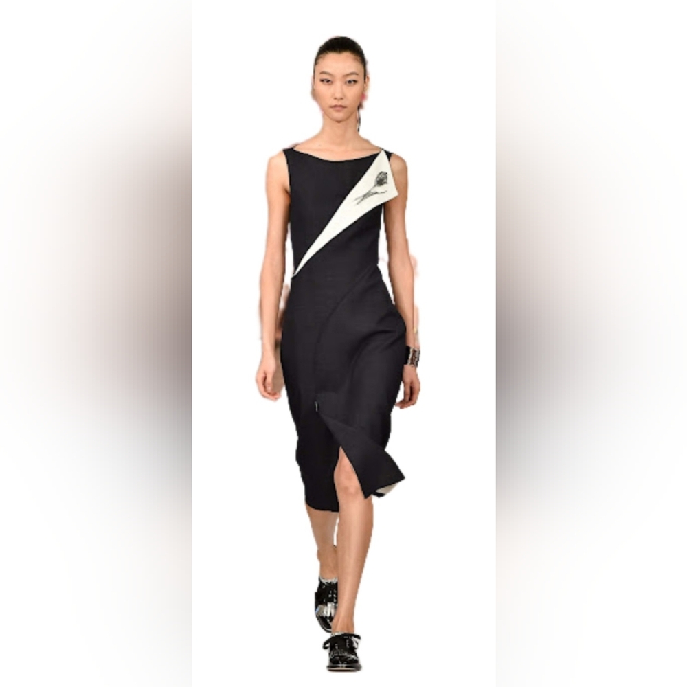 ●$3,000 OSCAR DE LA RENTA BLACK WHITE SILK WOOL RUNWAY DRESS US 6 - Picture 6 of 13